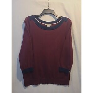 Boden Sweater Cotton Maroon Navy Ribbed Trim Boatneck Pullover 3/4 Slv Womens LG